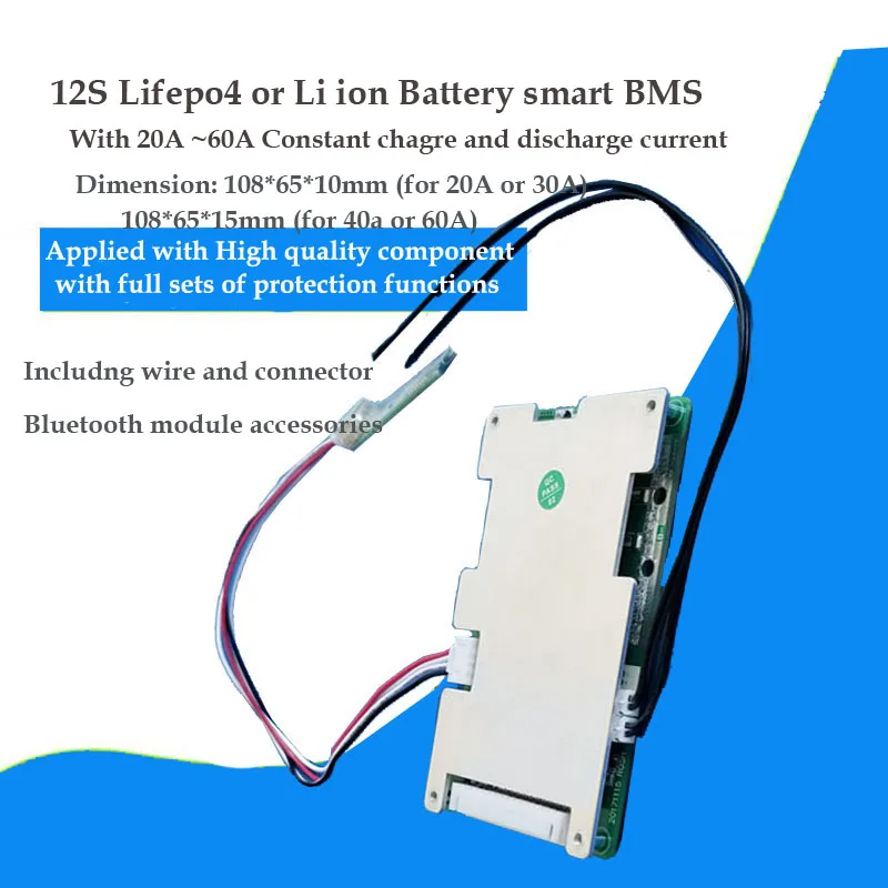 

12S Lifepo4 or Li ion Battery Smart BMS with 20A 30A 40A 60A constant discharge current for 50.4V lithium e-bike bluetooth PCB