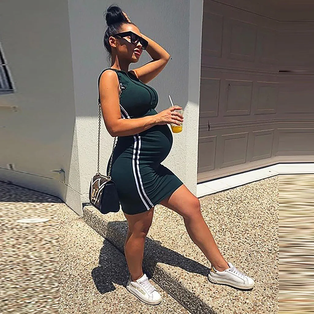 

Sexy Pregnancy Dress Sleeveless Fashion Striped Maternity Dress Pregnant Fashion Sleeveless Casual Buttock Modis Dress 2019