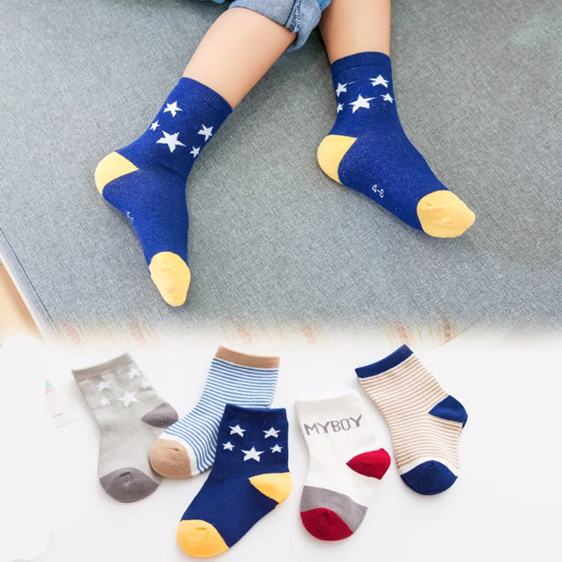 

5Pairs / Lots Children'S Middle Tube Cotton Socks Stars Stripes, Children'S Cotton Korean Cotton Boys And Girls Breathable Socks