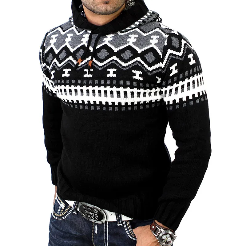 HuLooXuJi Для мужчин осень-зима контраст Цвет свитер тонкий пуловер вязать свитер с капюшоном нам Размеры: M-2XL