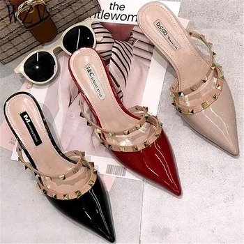 

2019 Women Shoes Summer Mules Slippers High Heels Sandals Rivets Pointed Toe Thin Heels Outside Slippers Free Shipping E918