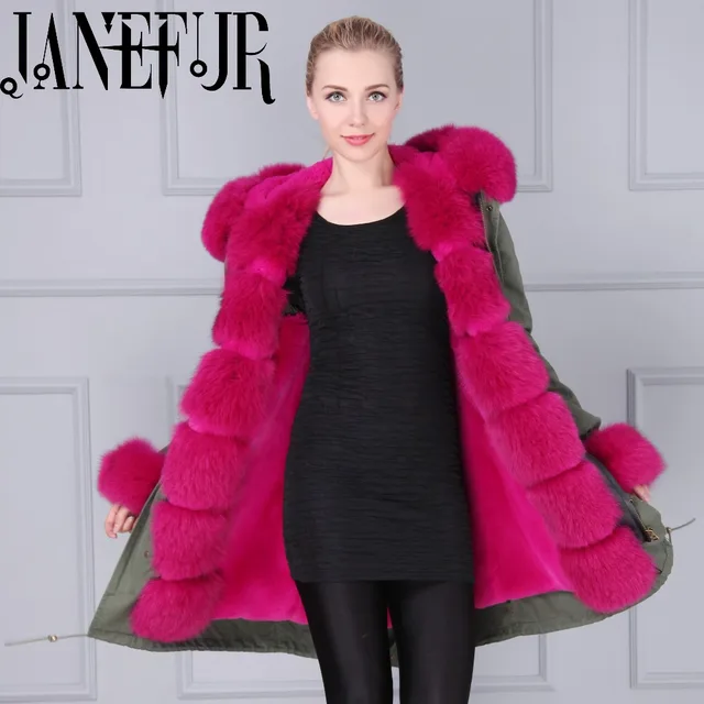 Cheap Mitilary green fox fur jacket for women long style fur jacket 2016 winter warm padded coat
