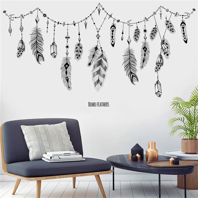 Black feather simulation wind chime pendant decorative wall stickers retro ethnic art interior design bedroom living room decals