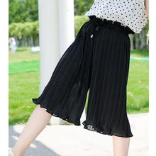 От 2 до 12 лет штаны для девочек детские свободные штаны Летние однотонные шифоновые плиссированные разноцветные 7/9 штаны для маленьких девочек одежда для детей