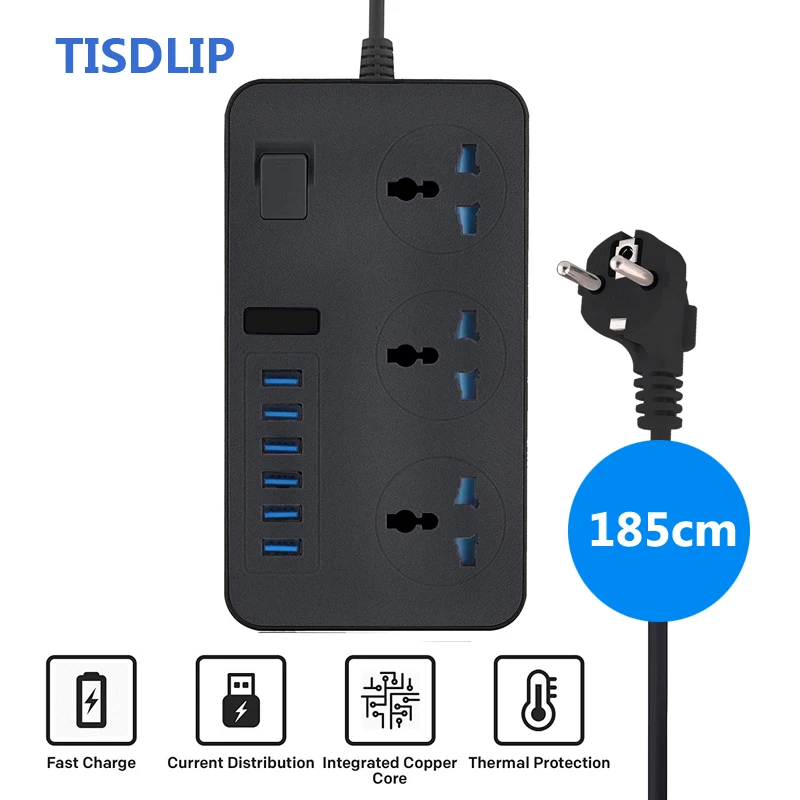 TISDLIP электрический удлинитель сетевой фильтр с 3 гнезда 6 порт USB универсальный
