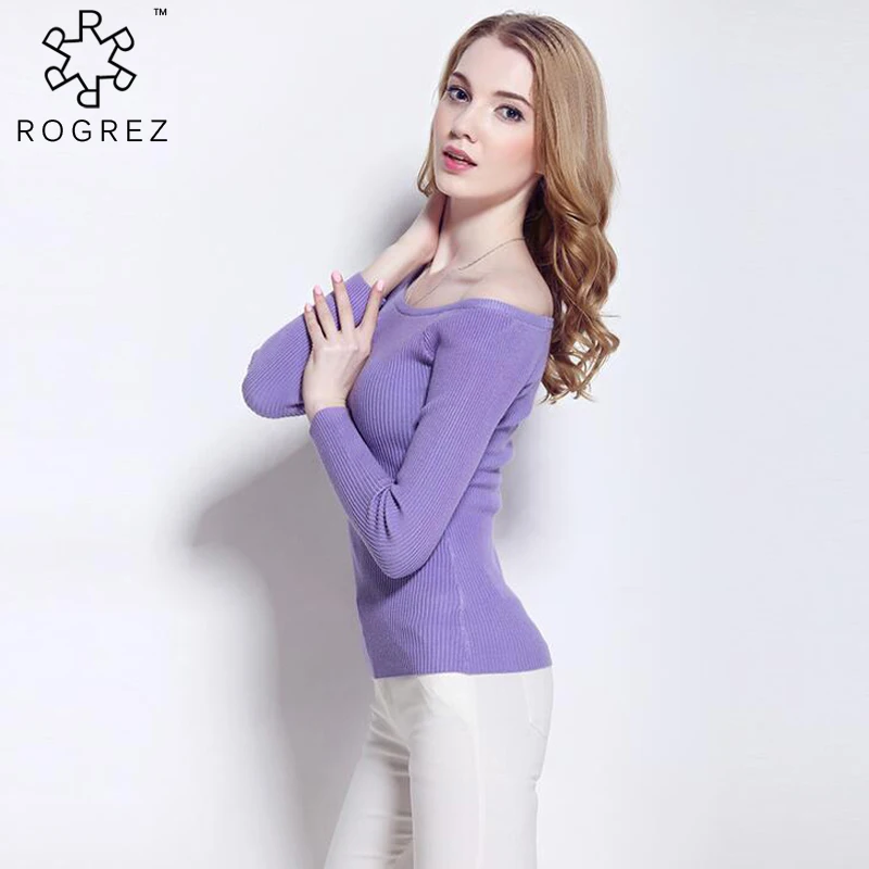 ROGREZ الأرجواني أسود أبيض أحمر وردي مائل الرقبة الشتاء سترة المرأة عارضة ضئيلة مرونة عالية الأساسية محبوك البلوزات البلوفرات
