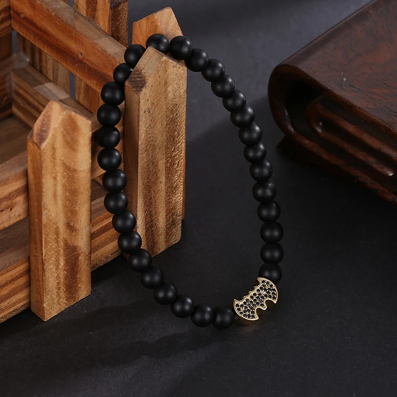 MOREON 6mm black scrub stone with zircon Batman Elastic Bracelet | Украшения и аксессуары