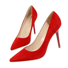New fashion pointed toe font b women b font pumps shoes thin heels flock shallow concise