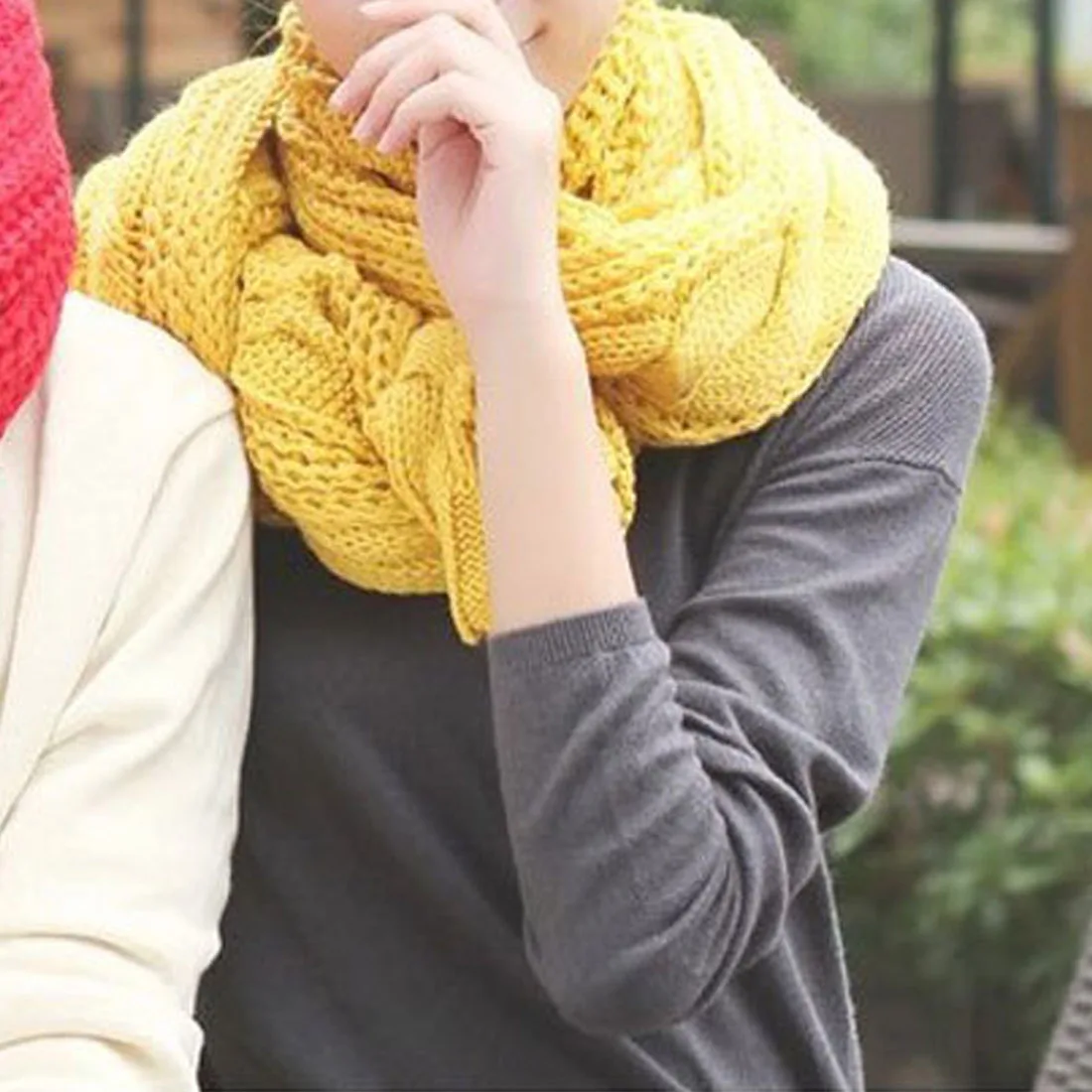 Горячий круг вязаный крючком шарф шаль обернуть зимний теплый хомут шеи имбирный желтый