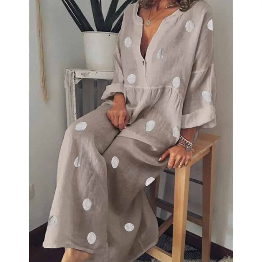 

Plus Size Women Bohemian Maxi Dress Summer Sexy V Neck Long Sleeve Polka Dot Dress Casual Loose Beach Dresses