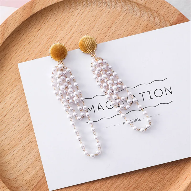 New Elegant Velvet Button Long Beaded Pearl Tassel Drop Earrings for Women Fashion Jewelry Statement Dangle Earring 6G2011