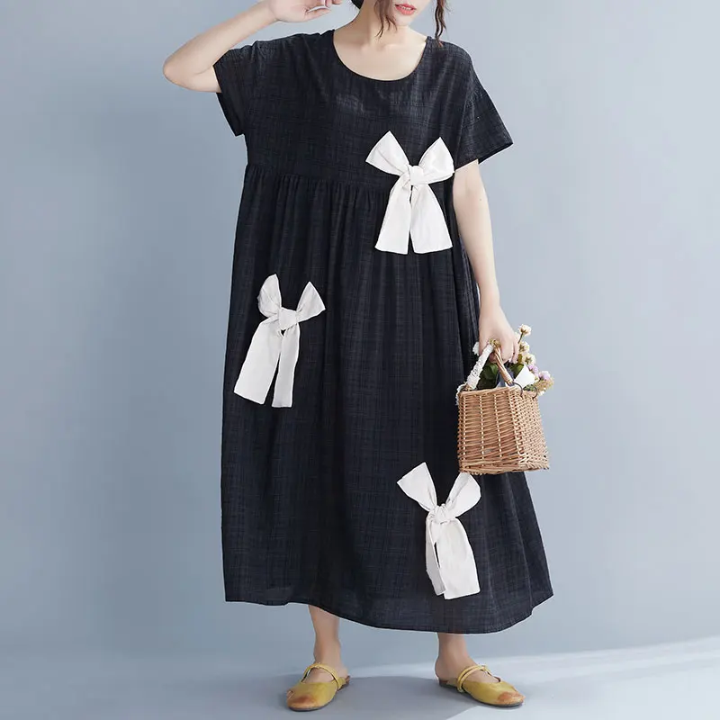 DIMANAF Plus Size Women Dress Summer Bowknot Cotton Linen Fashion Lady Vestidos Female Clothing Loose Casual Style Dress Black