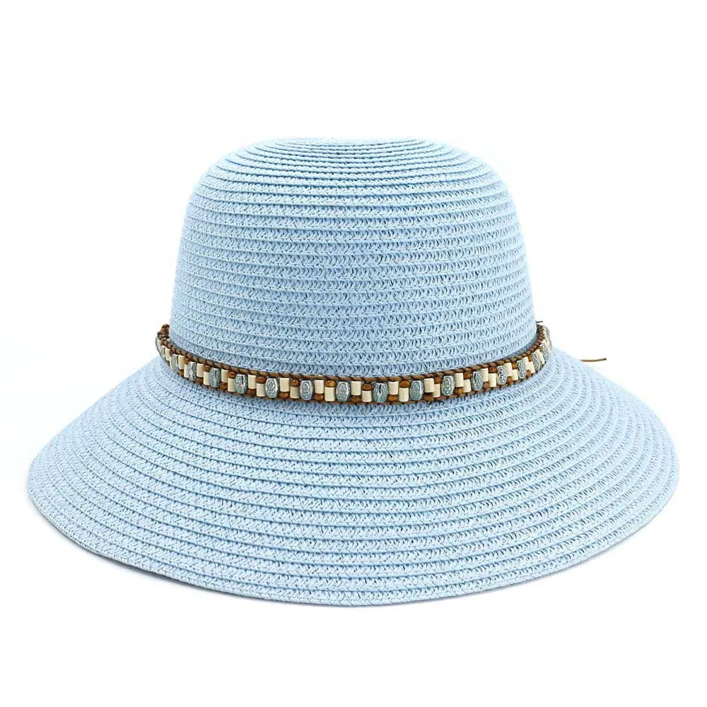 

Fashion Wood Bead Straw Hats Women Summer Sun Hats for Lady Dome Fishing Caps Casual Travel Beach Cap 10colors