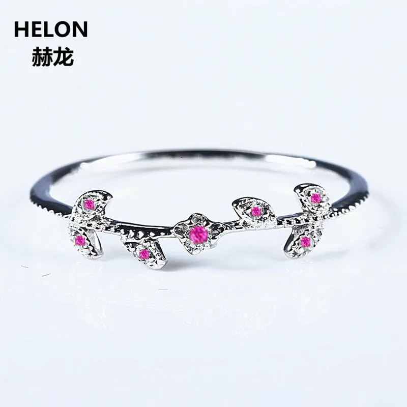 

Natural Ruby Solid 14k White Gold Women Girl Engagement Ring Wedding Band Leaf Art Deco Promise Ring Romantic Cute Thin