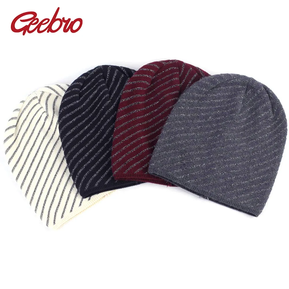 

Geebro Women's Wool Beanie Hat Autumn Silver Line Knitted Skullies Beanies for Women Cashmere Thin Warm Slouchy Balaclava Hats