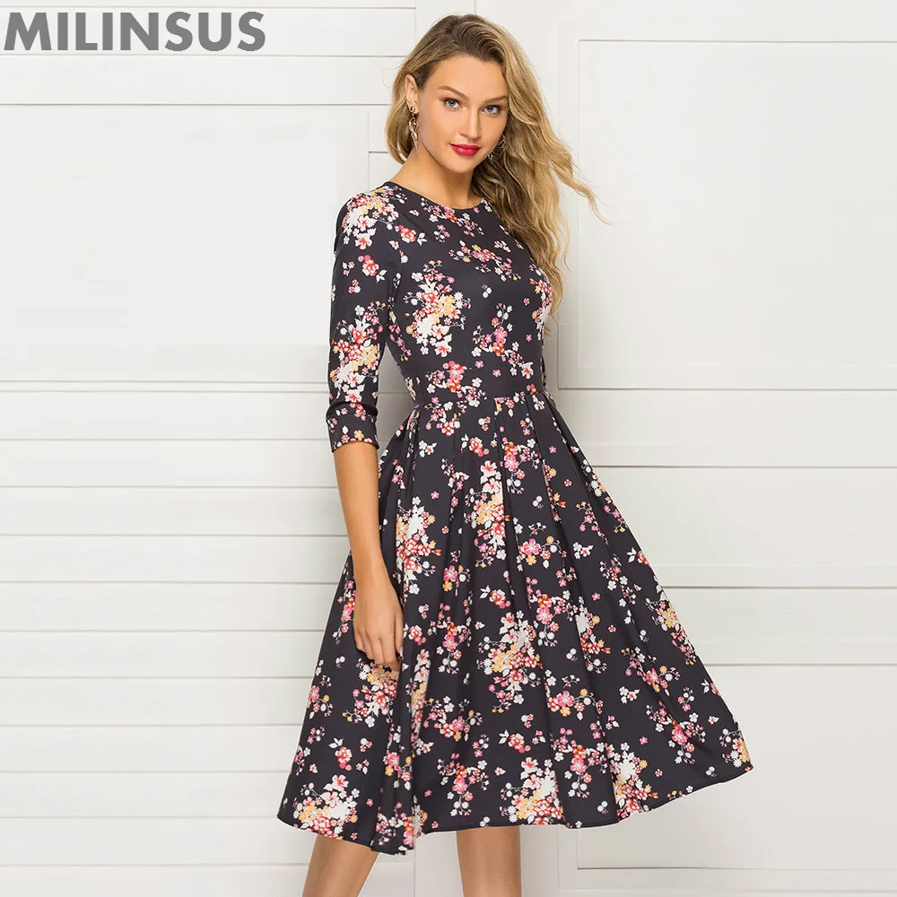 

New Occident Style Floral Women Dress O-Neck Casual Mid-length Party Black Dresses Woman Clothes 2019 Elegant Dress