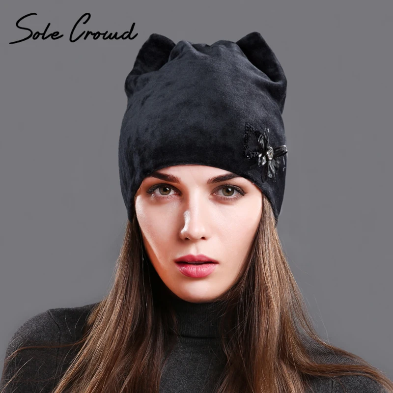 Sole Crowd 2017 Women's cat ears winter warm velvet hats fashion
