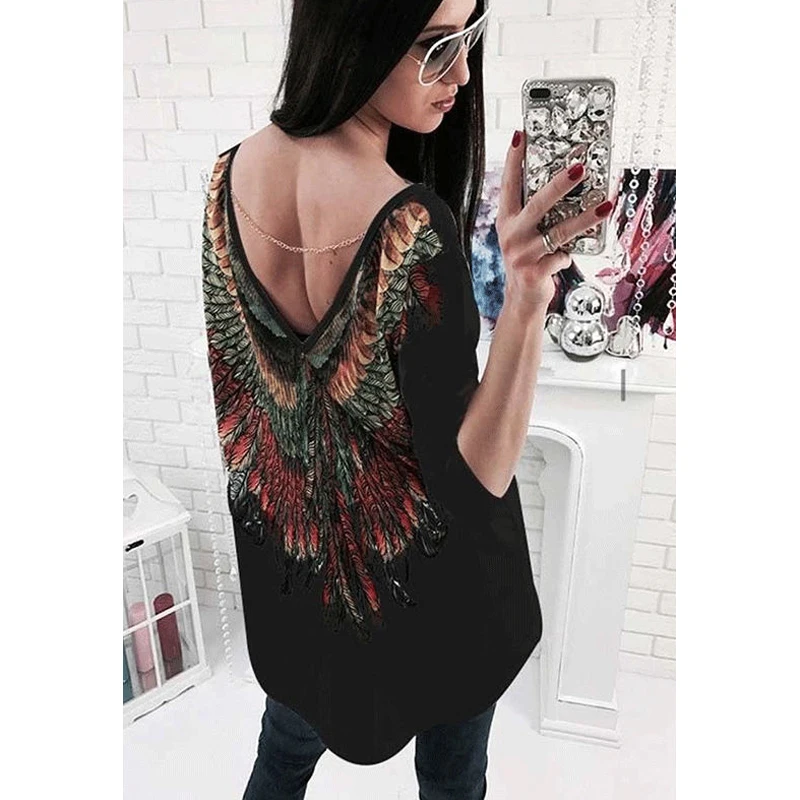 2018 Women Feather Print T shirt Harajuku Sexy Backless Deep V Wings Long Sleeve Loose Tees Top Casual White Black T-shirt Blusa