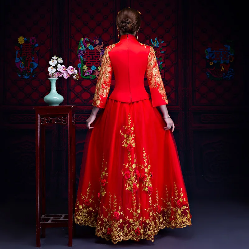 Красное свадебное платье традиционное китайское Qipao Национальный костюм для