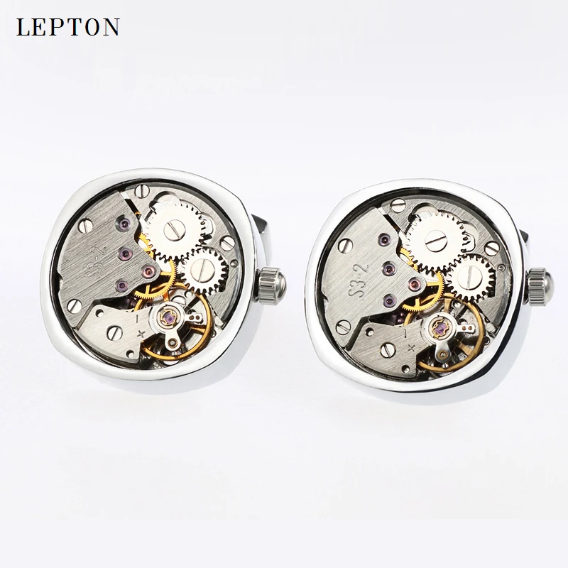 Hot Watch Movement Cufflinks For Mens Shirt Cuffs Cufflink Lepton Stainless Steel Steampunk Gear Watch Mechanism Cuff links
