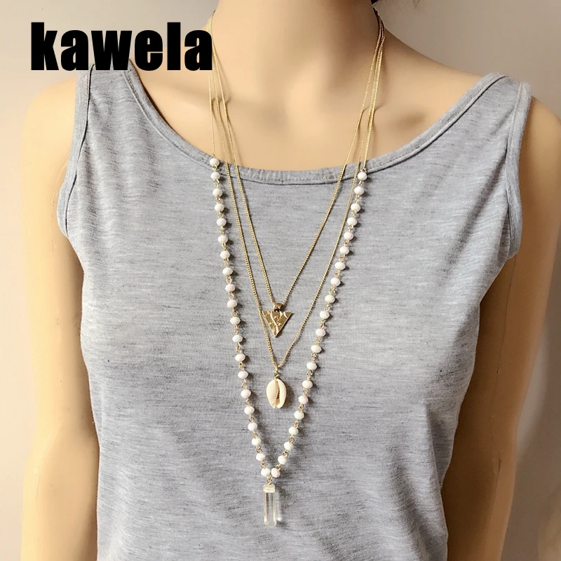 Модное многослойное ожерелье с подвеской в виде треугольника из белых бусин |