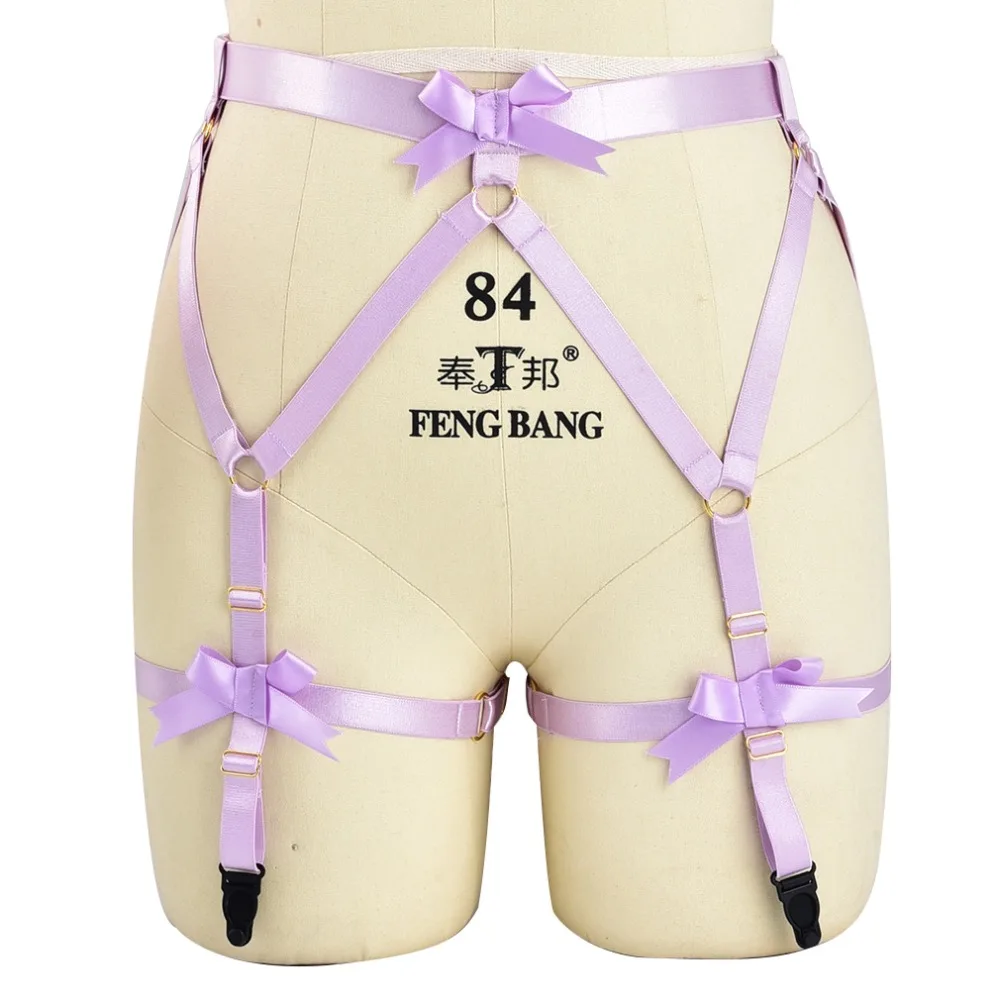 Sexy Garter Belt Body Harness Purple Bow Pole Dance Leg Harness Body Cage Festival Fetish Rave