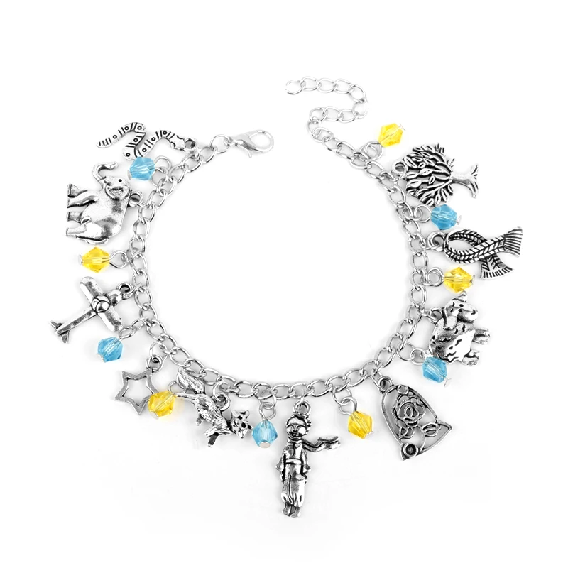 

MQCHUN Le Petit Prince Charm Bracelet The Little Prince Rose Fox Stars Crystal Beads Alloy Pendant Link Chain Wristlet Bangles-2