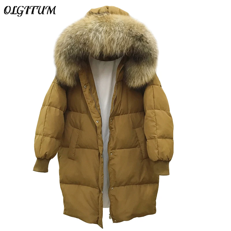 Зимнее новое пальто с капюшоном и воротником из натурального меха енота, 90% утиный пух, ультра-светильник, куртка для женщин, Длинные теплые свободные куртки для беременных, парка