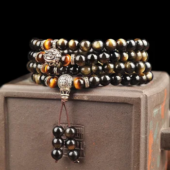 

Dropshipping Gold Black Natural Obsidian Stone Bracelets Round Beads Tibetan Silver Accessories Energy Bracelet for Men Jewelry