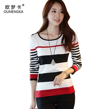

OUMENGKA New 2019 Spring Autumn women sweater casual Slim Red Black Stripes Blue Black Stripes S M L XL bottoming pullover