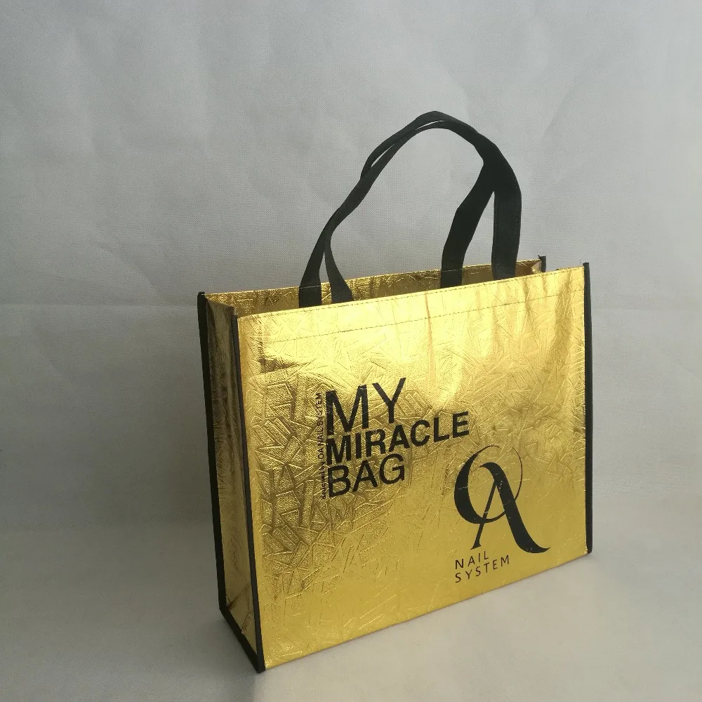 500 шт./лот, 32Hx40x12cm, нестандартный размер, многоразовые металлические, золотые, ламинированные, нетканые, тканевые, вместительные сумки для покупок для рекламы