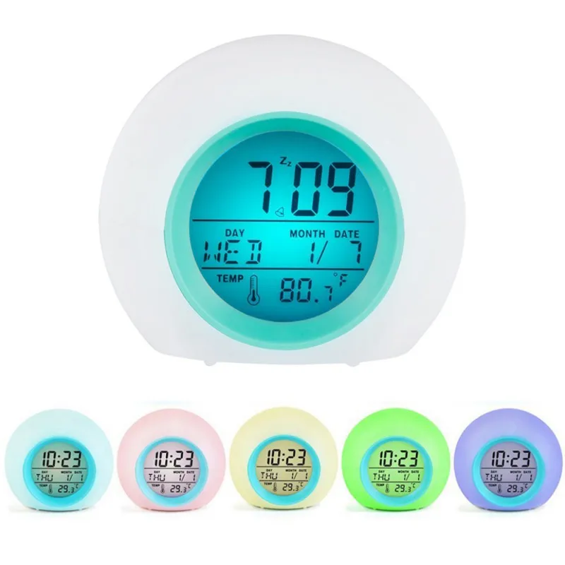 Светодиодный Круглый изменить Цвет цифровые часы с датой сигнализации Температура будильник ABS детей Будильник Desktop