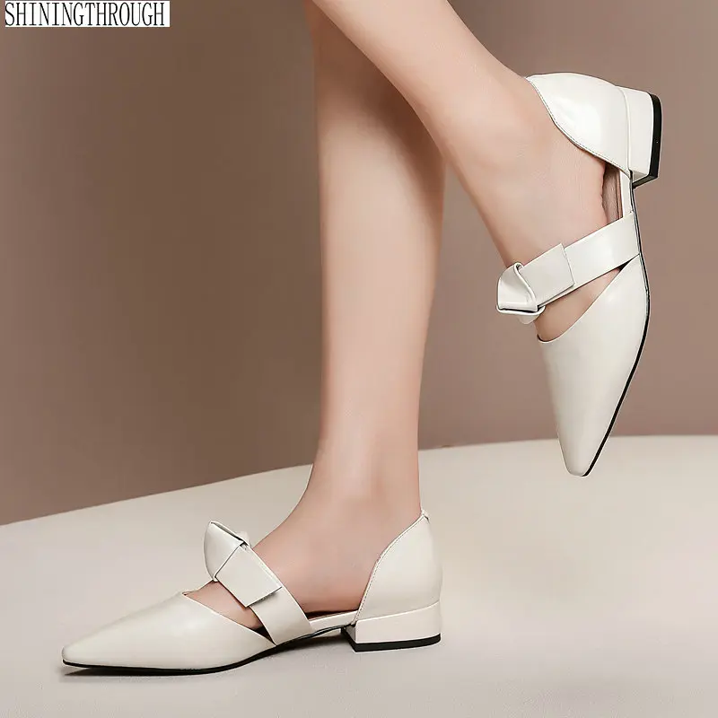 

2019 New Genuine Leather Spring Women Pumps Low Heel Pointed Toe Shallow bowties Buckle Sexy Women Cow Leather Shoes Pumps