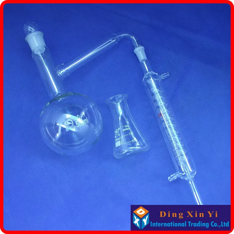 Lab Glass Supplies Distiling Apparatus with ground glass joints Glass distillation unit Distillation flask + graham condenser + conical flask distiller Lab Condenser
