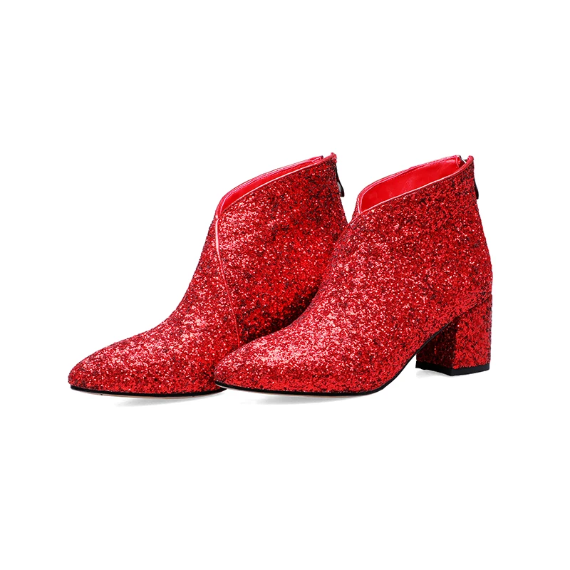 WETKISS New Sequin Cloth Women Ankle Boots Party Wedding Female Boots Pointed Toe Glitter Zip Bootie Sexy Thick High Heel Shoes