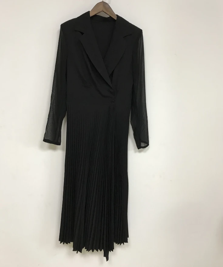 

2018 fashion women notched collar autumn pleated dress wh180815