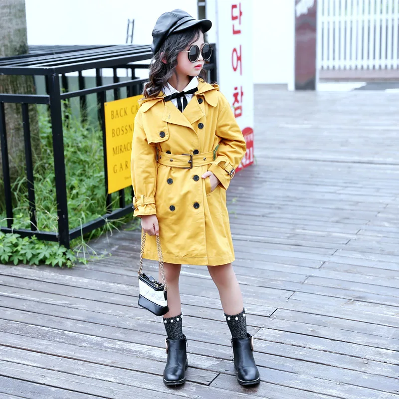 

Girls Jacket Trench coat Children Clothing Hooded Windbreaker Windproof Kids Waist Cotton Outfit For Child Outerwear Coats