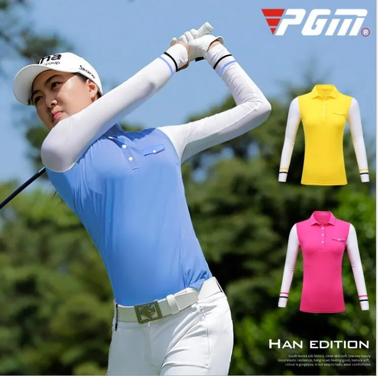 

PGM Autumn Winter Women's Golf Sportswear Lady Breathable Button collar stitching color long-sleeved T-shirt Bottoming Sunscreen