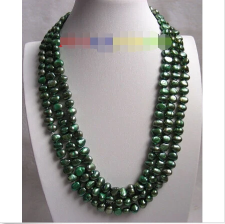 

FREE SHIPPING 16" baroque 3row green freshwater pearls necklace^^^@^Noble style Natural Fine jewe &