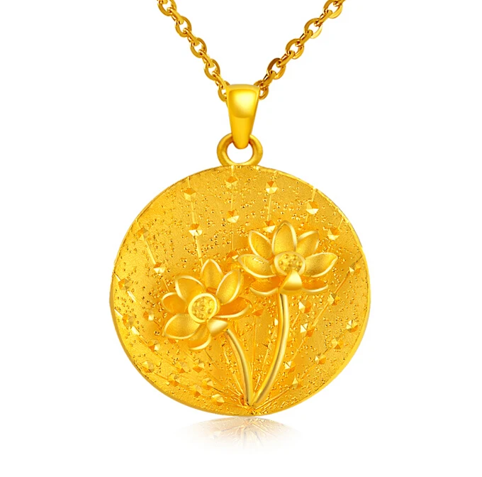 

Pure 24k Yellow Gold Pendant Women Lucky Round Lotus Pendant 5.68g