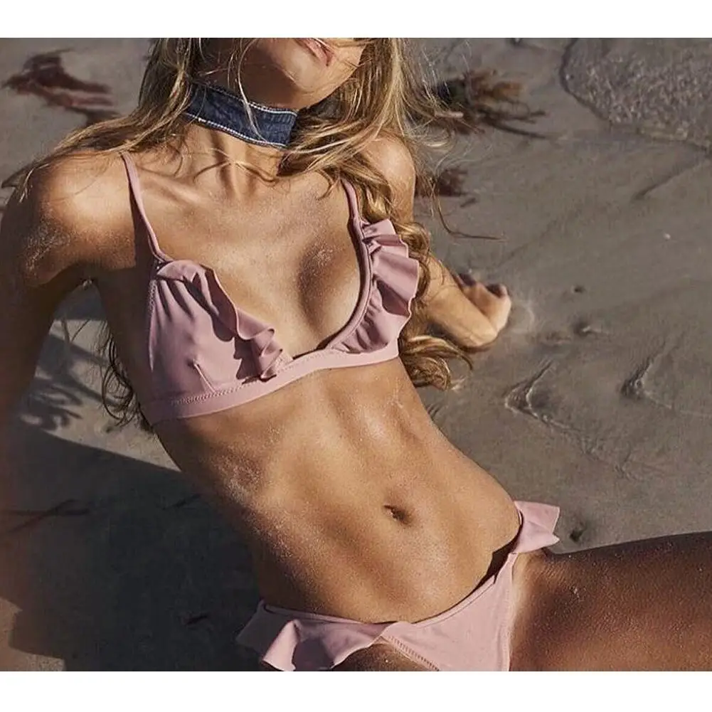 

2 Pieces Women Sexy Low Waist Fashion Bikini Suit Backless Lace Up Ruffles Women Bikinis 2019 Mujer Bikinis Swimwear Plavky