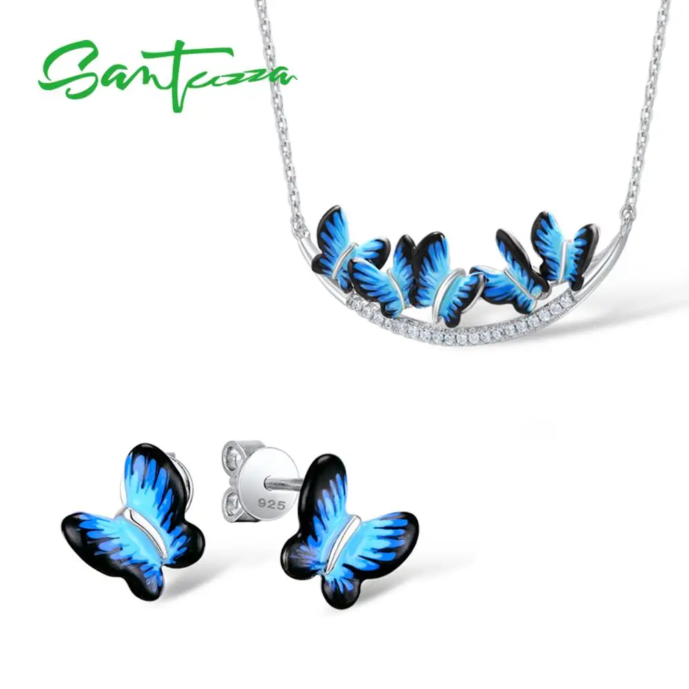 

Santuzza Jewelry Set HANDMADE Enamel Butterfly CZ Stones Ring Earrings Pendent Necklace 925 Sterling Silver Women Jewelry Set