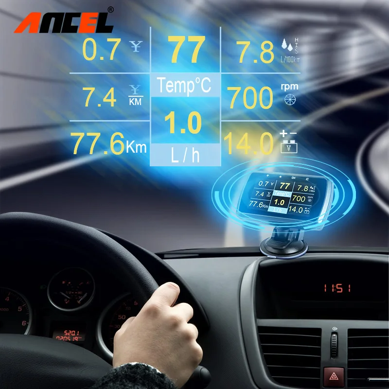 Автомобильный цифровой HUD Дисплей Ancel A501 OBD2 измеритель расхода топлива