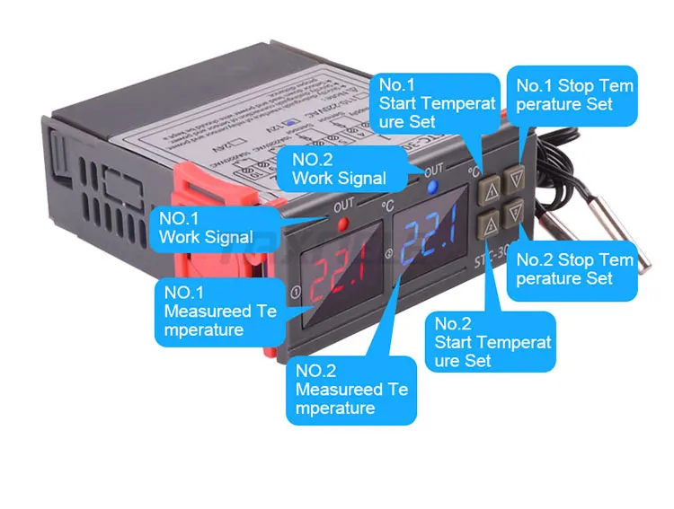 STC-3008, двойной цифровой термостат, регулятор температуры, инкубатор, два релейных выхода, терморегулятор, нагреватель, охладитель 12 в 24 В 220 В