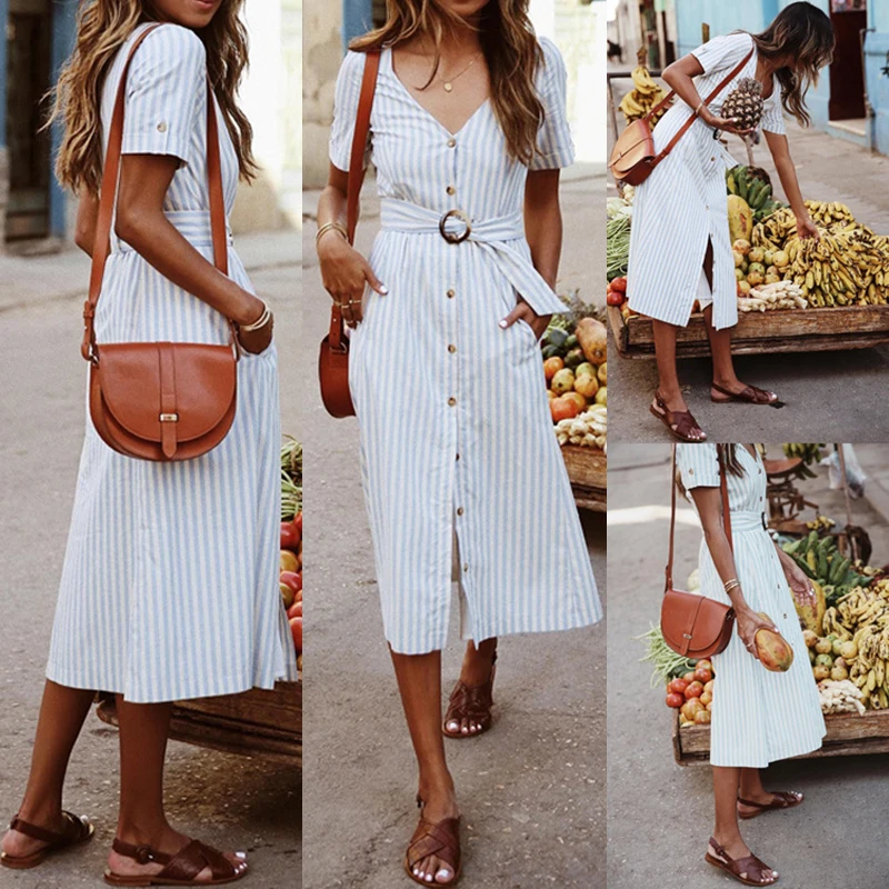 Women Summer Striped Dress Woman Sexy V-neck Short Sleeve Belt Dress Ladies Mid-calf Button Dress Holiday Boho Dresses Sundress