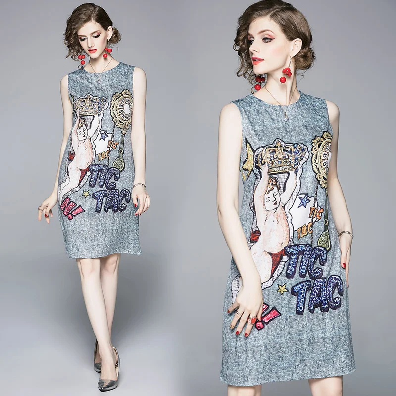 

2019 New Summer Runway Designer Sleeveless Vest Printing dress high quality Vintage A Line Mini Party Clothing dresses Vestidos