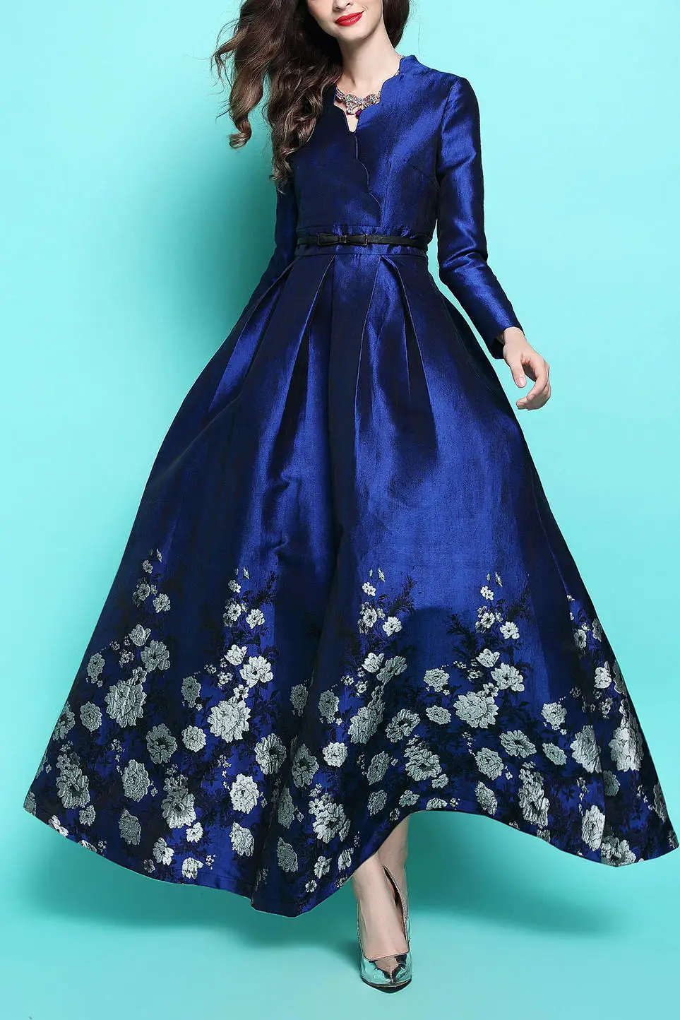 Новая мода осень и зима синее цветочное жаккардовое с длинным рукавом тонкое женское длинное платье элегантное платье с v-образным вырезом размера плюс макси - Цвет: no belt