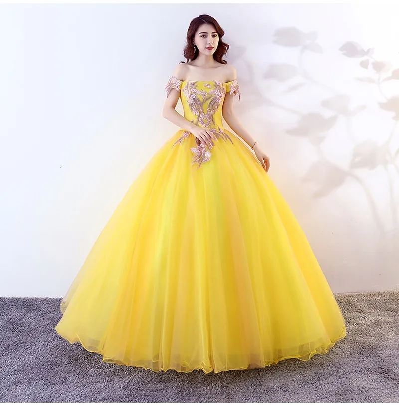 Vestidos De 15 Anos Дешевое вечернее платье с открытыми плечами кружева желтый тюль Принцесса пышные платья для сладких 16 лет