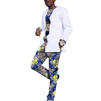 

Fashion African Mens Sets Patchwork Tops+Pants Set Africa Style White Cotton Mix Dashiki Prints Customize African Men Clothing