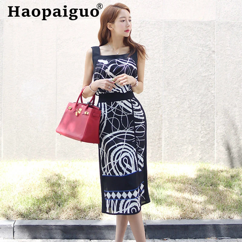 

Plus Size Women's Summer Korean Print Two Piece Set Sleeveless Blouse and Empire Midi Wrap Skirt Vintage Casual 2 Piece Set